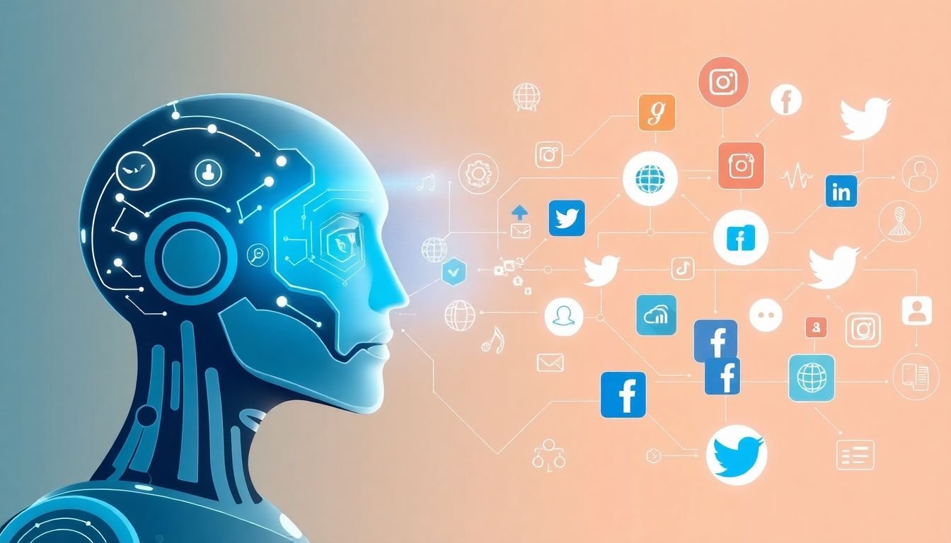 An infographic showing AI and machine learning algorithms managing social media platforms, with futuristic icons and predictions.