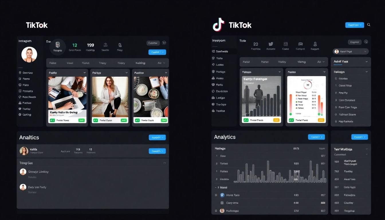 A side-by-side comparison of Instagram and TikTok dashboards, showing scheduled posts, hashtags, and analytics.