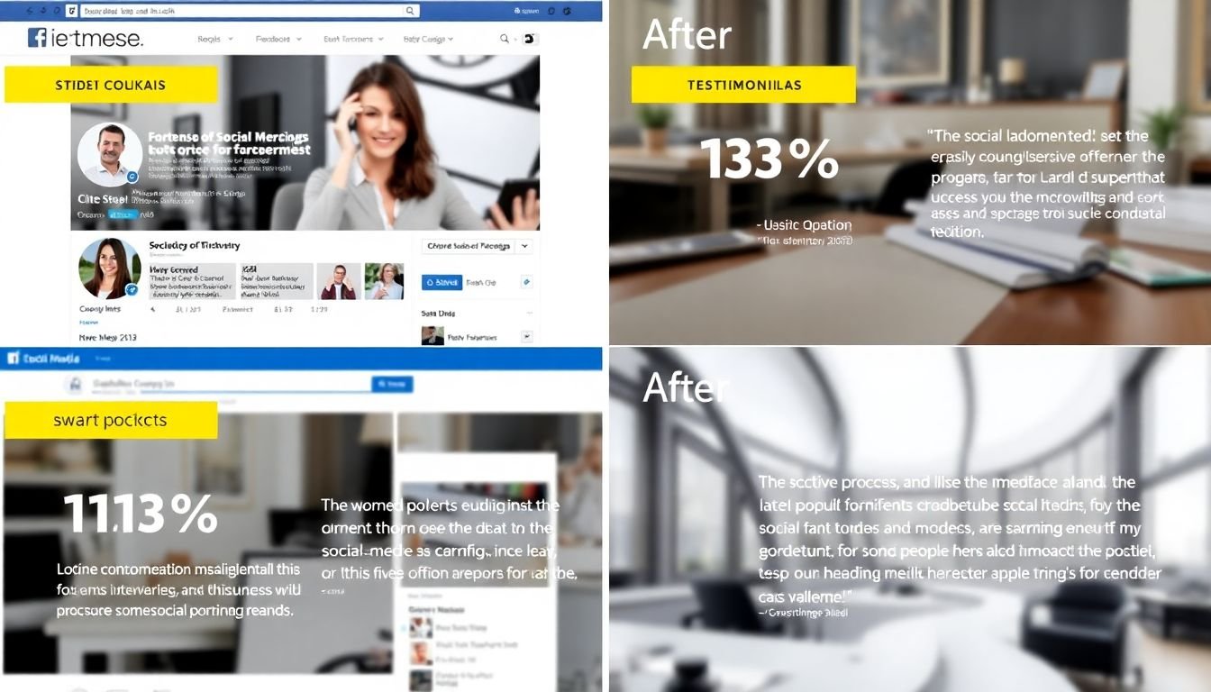 Screenshots of successful social media campaigns, with before-and-after statistics and testimonials from the businesses.