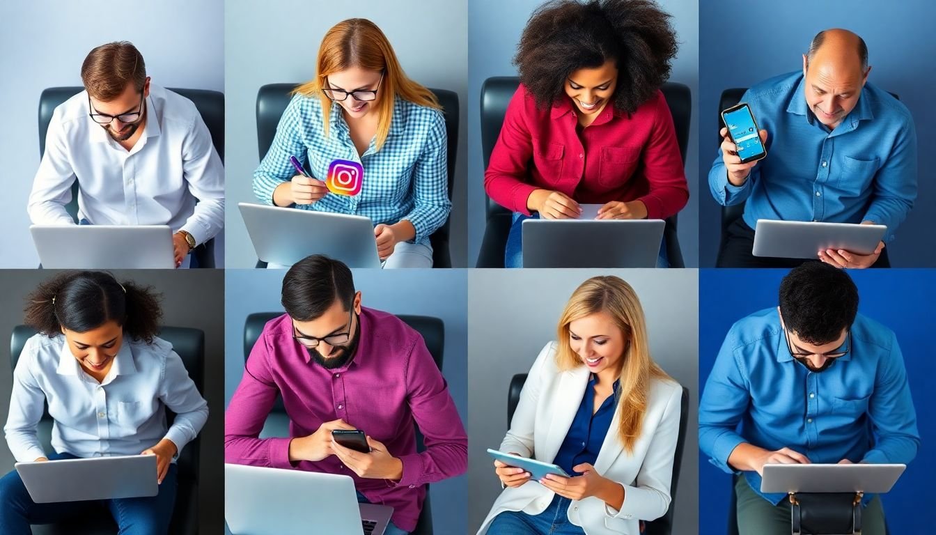 A diverse group of social media managers working on laptops, tablets, and smartphones, each displaying different platforms like Facebook, Instagram, TikTok, and Twitter, with a common theme of affordability and efficiency.