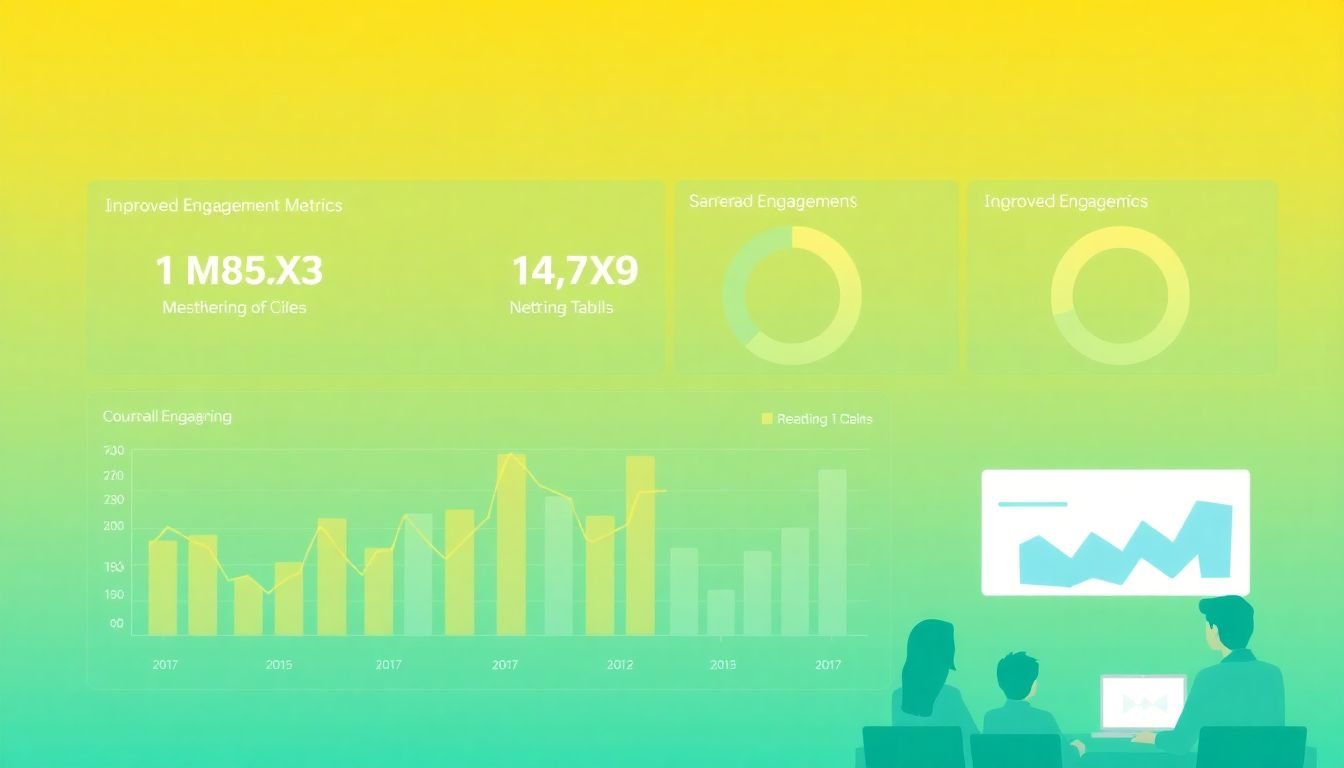 A dashboard showing improved engagement metrics and a team analyzing the data.