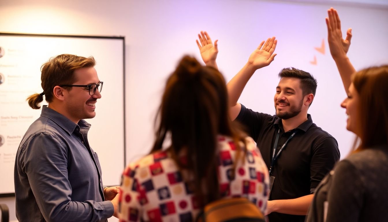 A social media manager actively engaging with audience comments and a team celebrating positive interactions.
