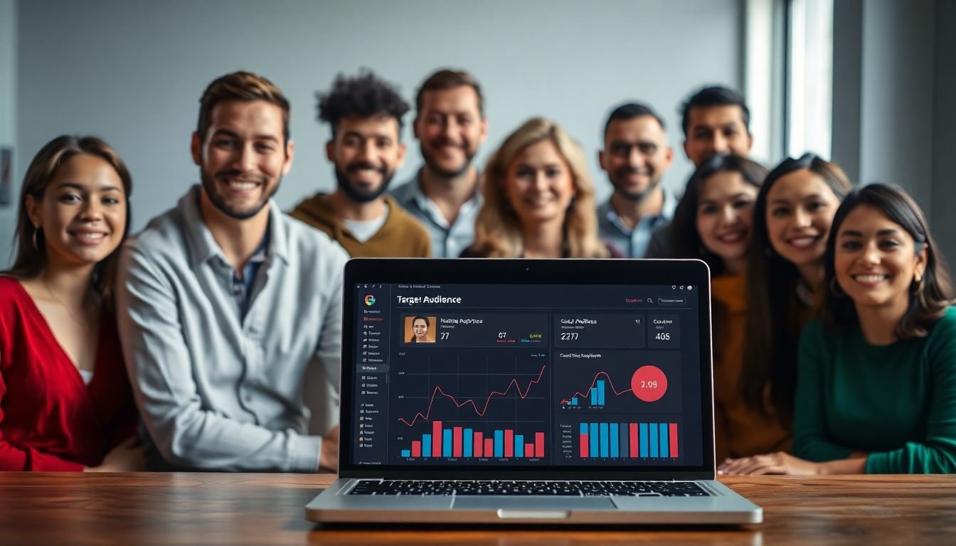A diverse group of people representing our target audience, with a laptop showing audience analytics in the foreground.