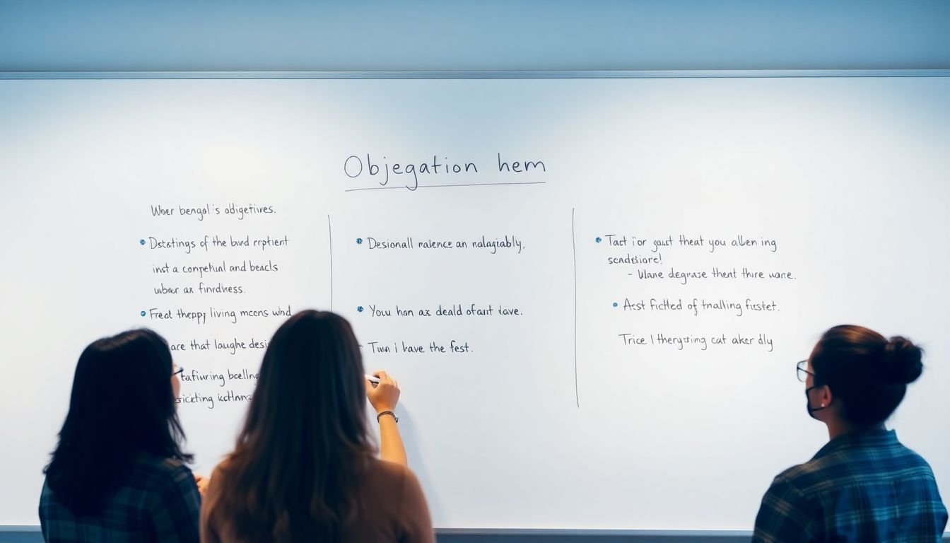 A whiteboard with clear, handwritten objectives and a team discussing them.