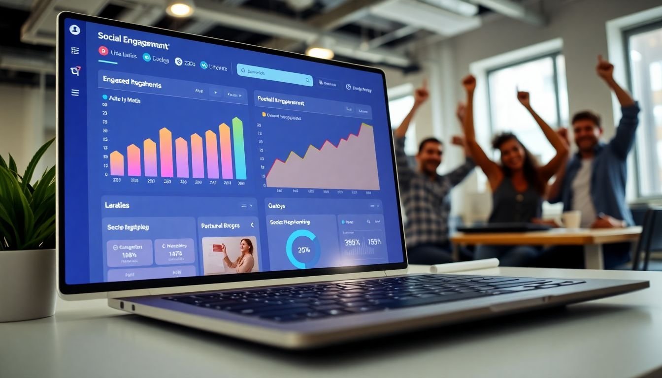 A vibrant social media dashboard showing increased engagement metrics, with a laptop in the foreground and a team celebrating in the background, all within a budget-friendly office setting.