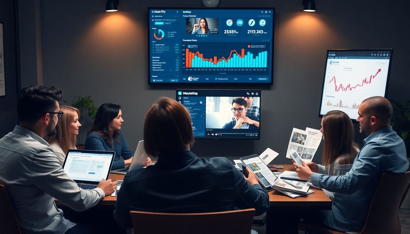 A marketing team brainstorming ideas for promoting a video, surrounded by laptops, tablets, and print materials, with a large screen displaying analytics and social media metrics.