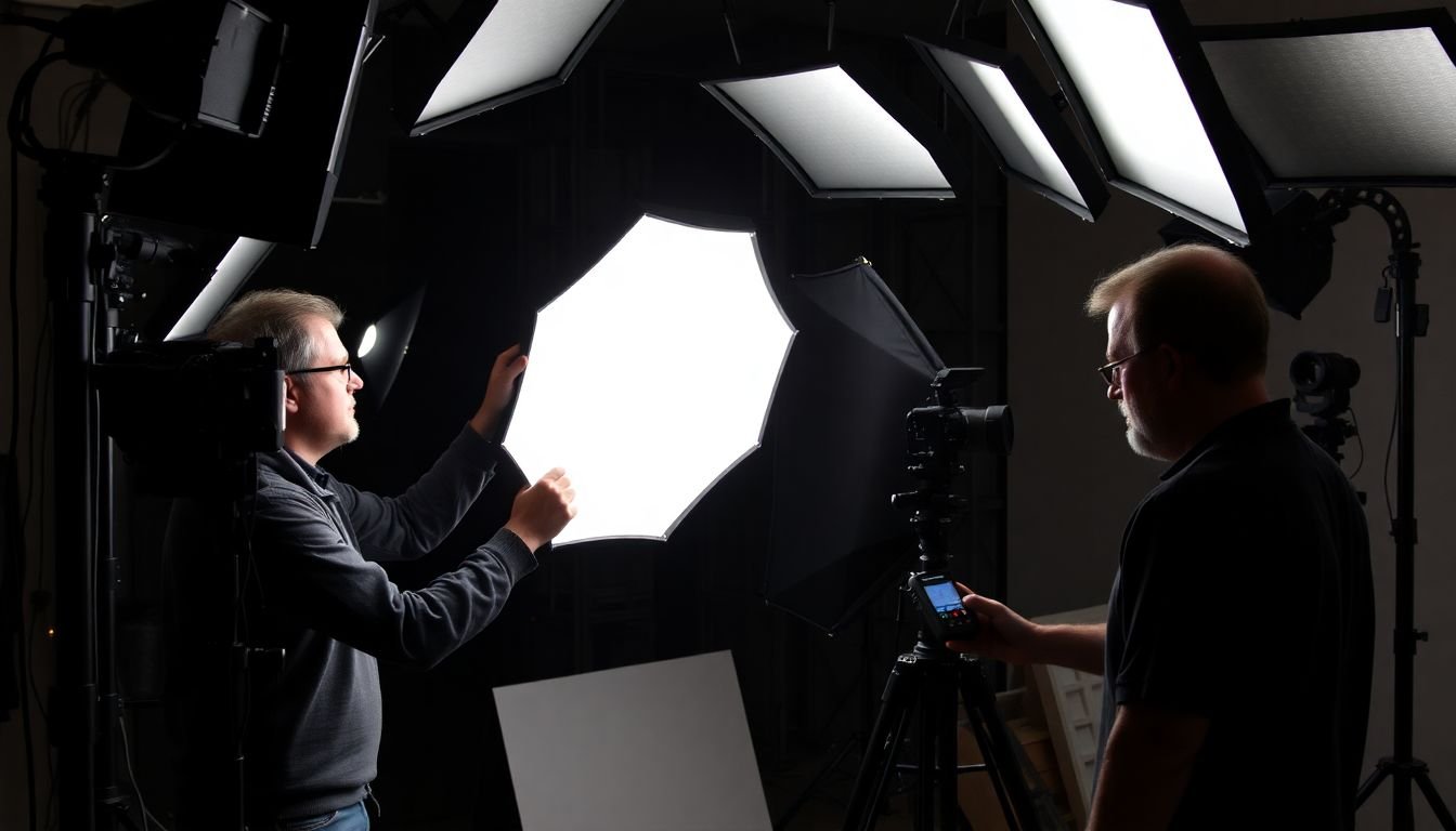 A gaffer adjusting a softbox, surrounded by an array of lights, reflectors, and diffusers, with a crew member checking the light meter.