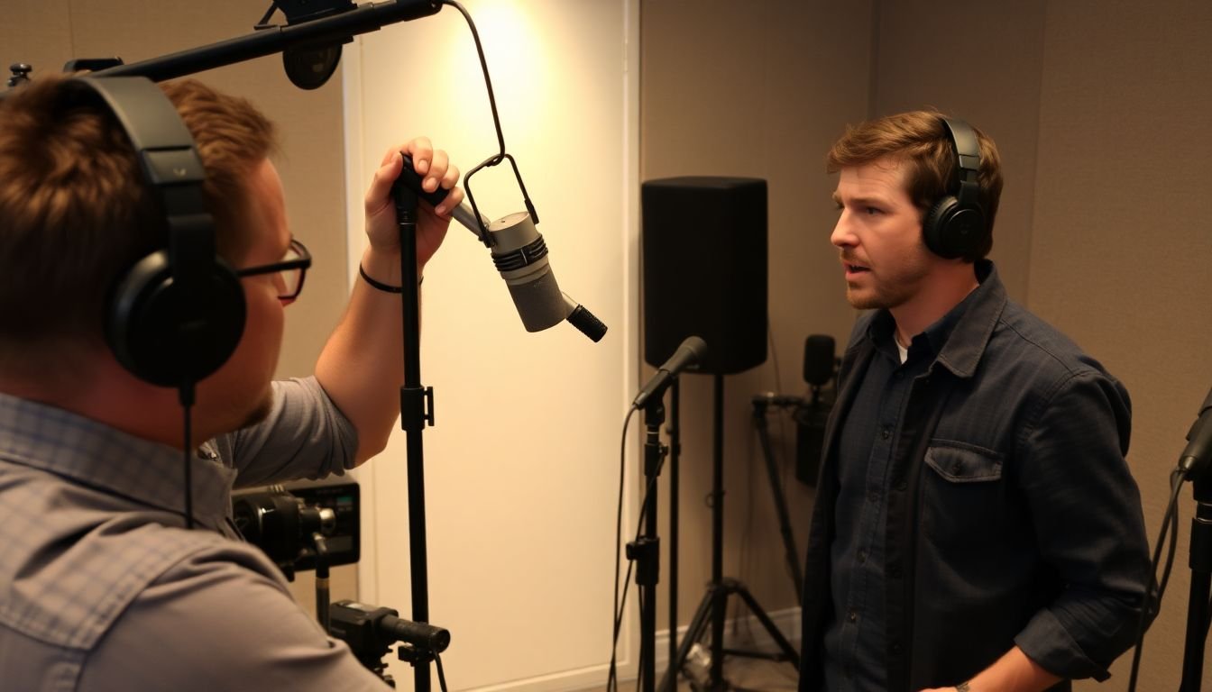 A sound recordist adjusting a boom microphone, with a variety of microphones, cables, and recording equipment scattered around, and an actor delivering a line.