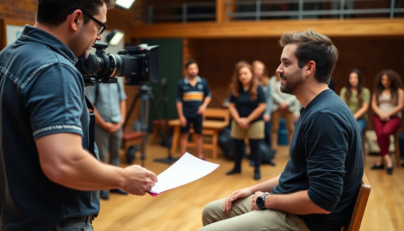 A director coaching an actor on set, with a script in hand, surrounded by a supportive crew and fellow cast members.