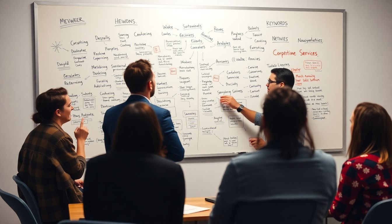A brainstorming session in progress, with a whiteboard filled with ideas, sketches, and keywords, surrounded by a creative team engaged in lively discussion.
