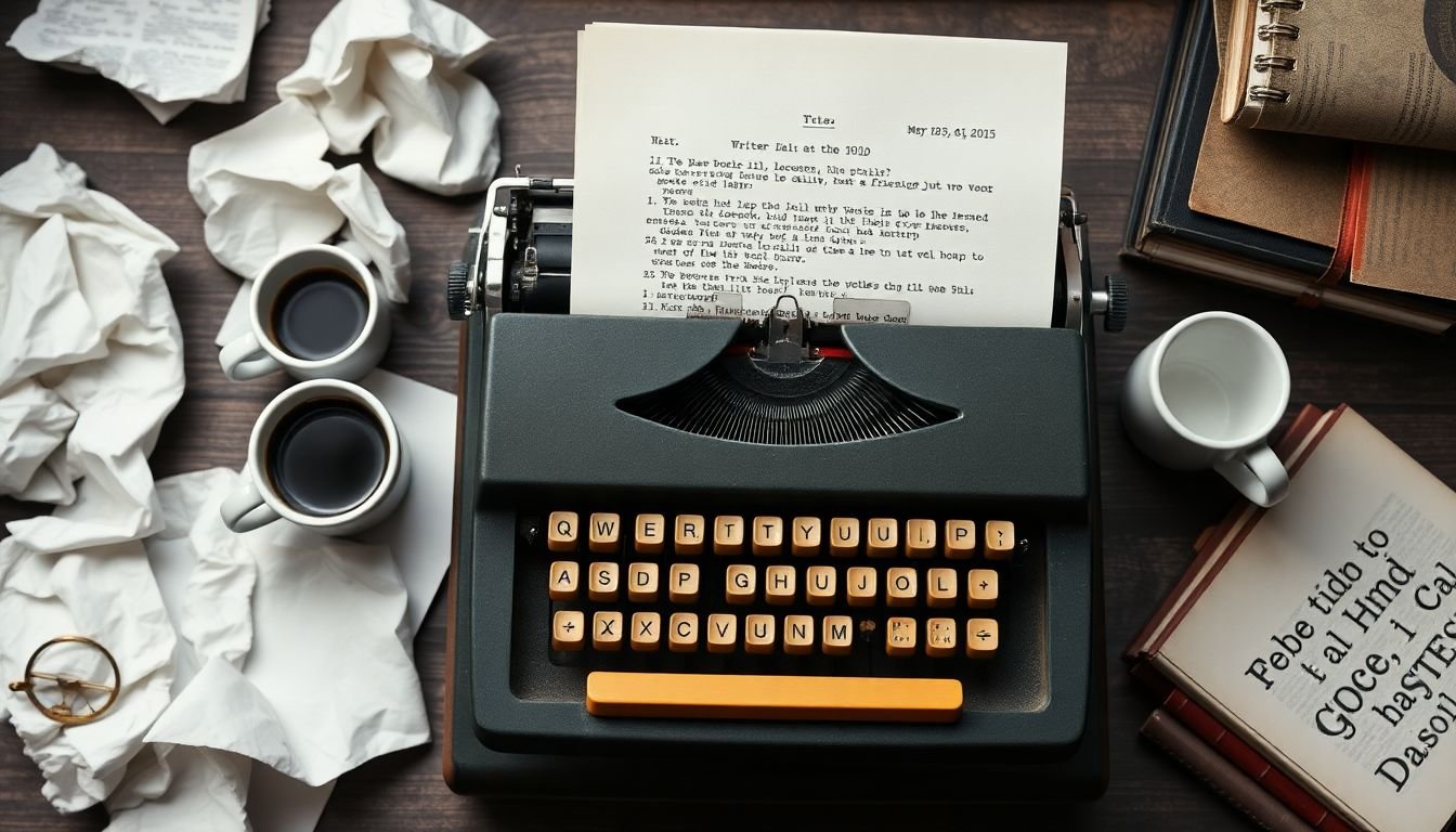 A writer at a vintage typewriter, surrounded by crumpled paper and coffee cups, with a completed script resting on top of a stack of books.
