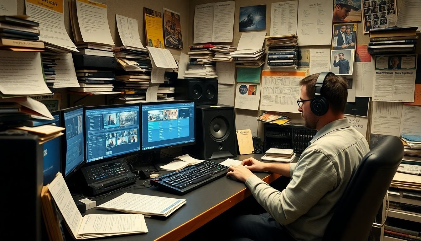 An editor working on a high-end editing system, surrounded by a cluttered but organized workspace filled with hard drives, storyboards, and reference materials.