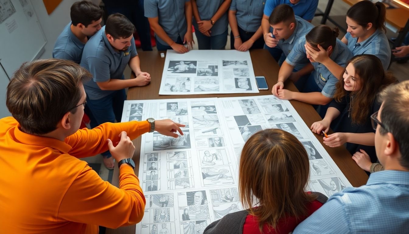 A detailed storyboard laid out on a table, with a director pointing at specific panels, surrounded by a team of eager crew members.
