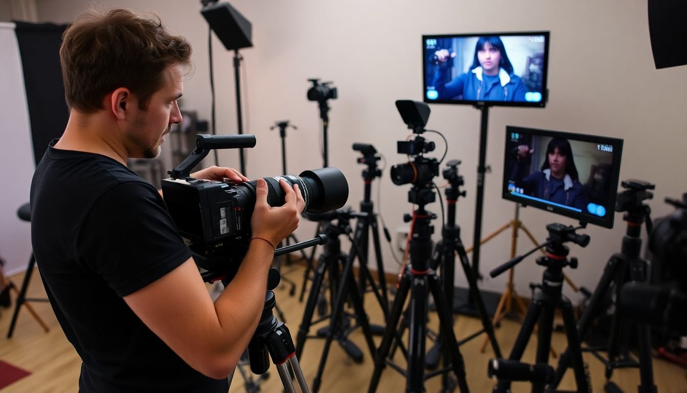 A cinematographer adjusting a camera lens, with a variety of cameras and tripods scattered around, and a monitor displaying a test shot.
