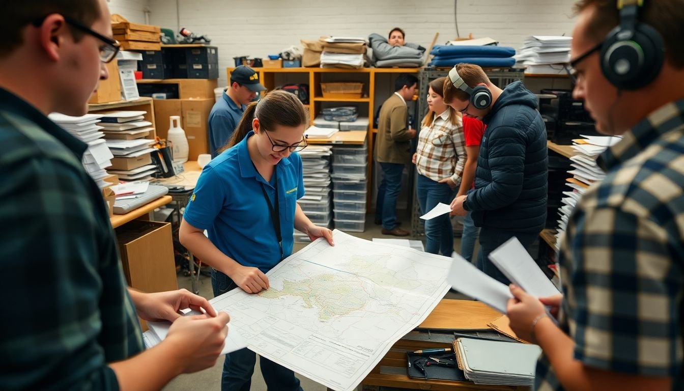 A production assistant marking a location on a map, surrounded by a team checking off lists and organizing equipment in a cluttered but organized space.