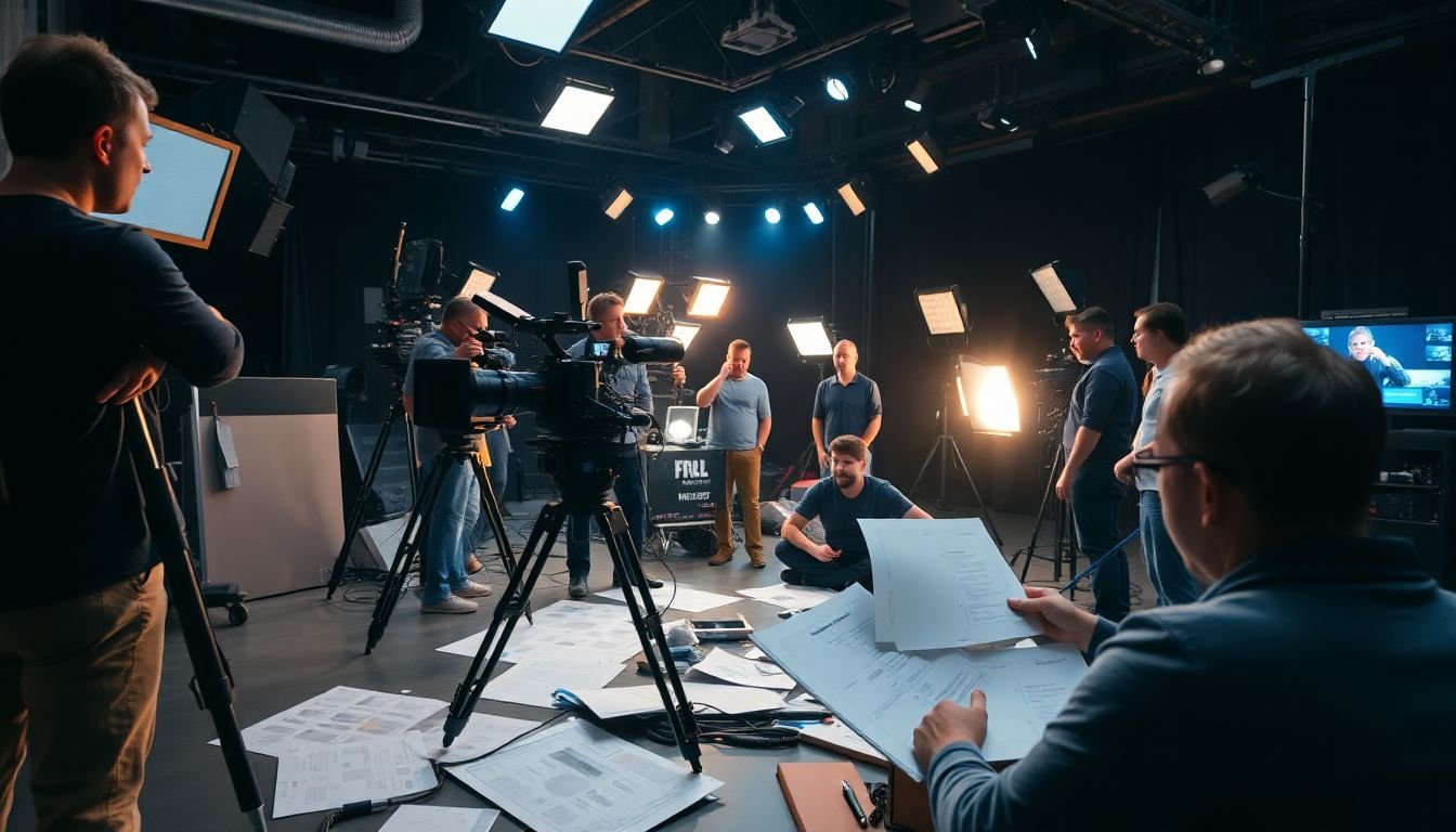 A cinematic shot of a film crew setting up a camera, lights, and other equipment on a bustling film set, with storyboards and scripts scattered around, symbolizing the transformation of an idea into a visual narrative.