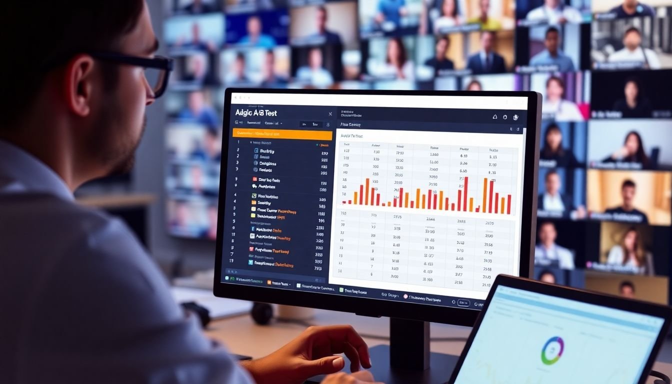 A data scientist analyzing A/B test results on a computer screen, with video thumbnails in the background.