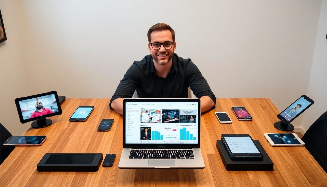 A creative director sitting at a table filled with tablets and smartphones, each displaying a different social media platform, with a laptop open in front of them, showing a video optimization dashboard.