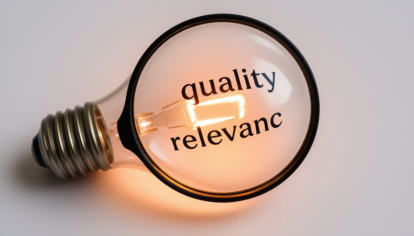 A lightbulb or magnifying glass with the words 'quality' and 'relevance' written on it.