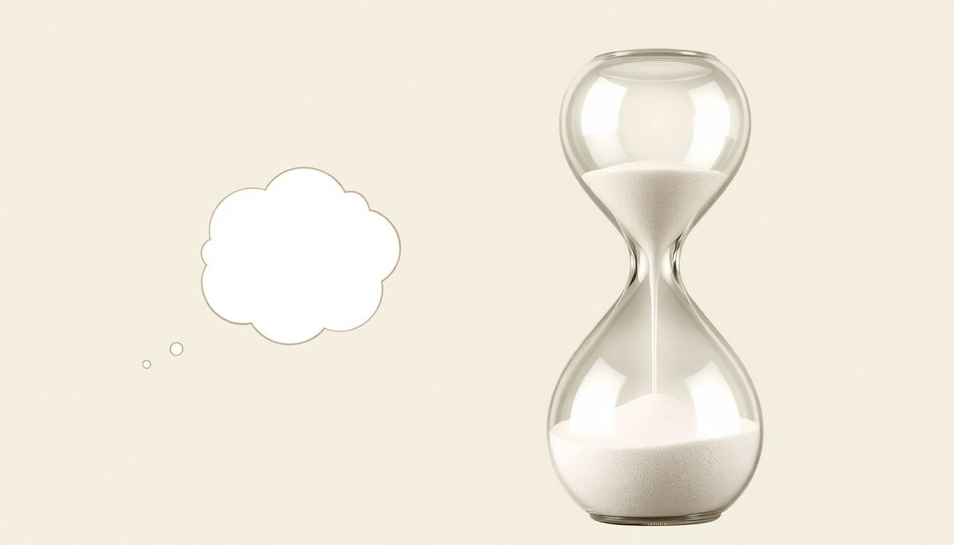 A clock or hourglass with a thought bubble next to it, representing the concept of attention span.