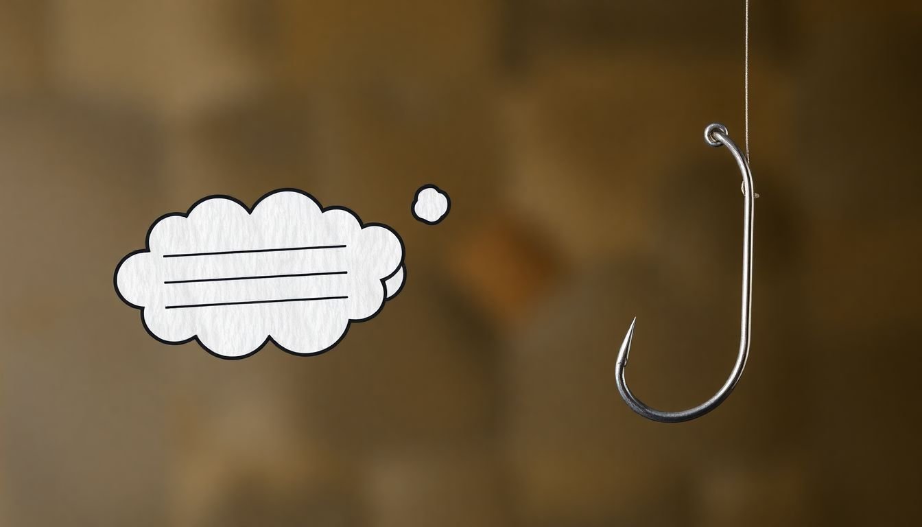 A fishing hook with a thought bubble containing a story outline.