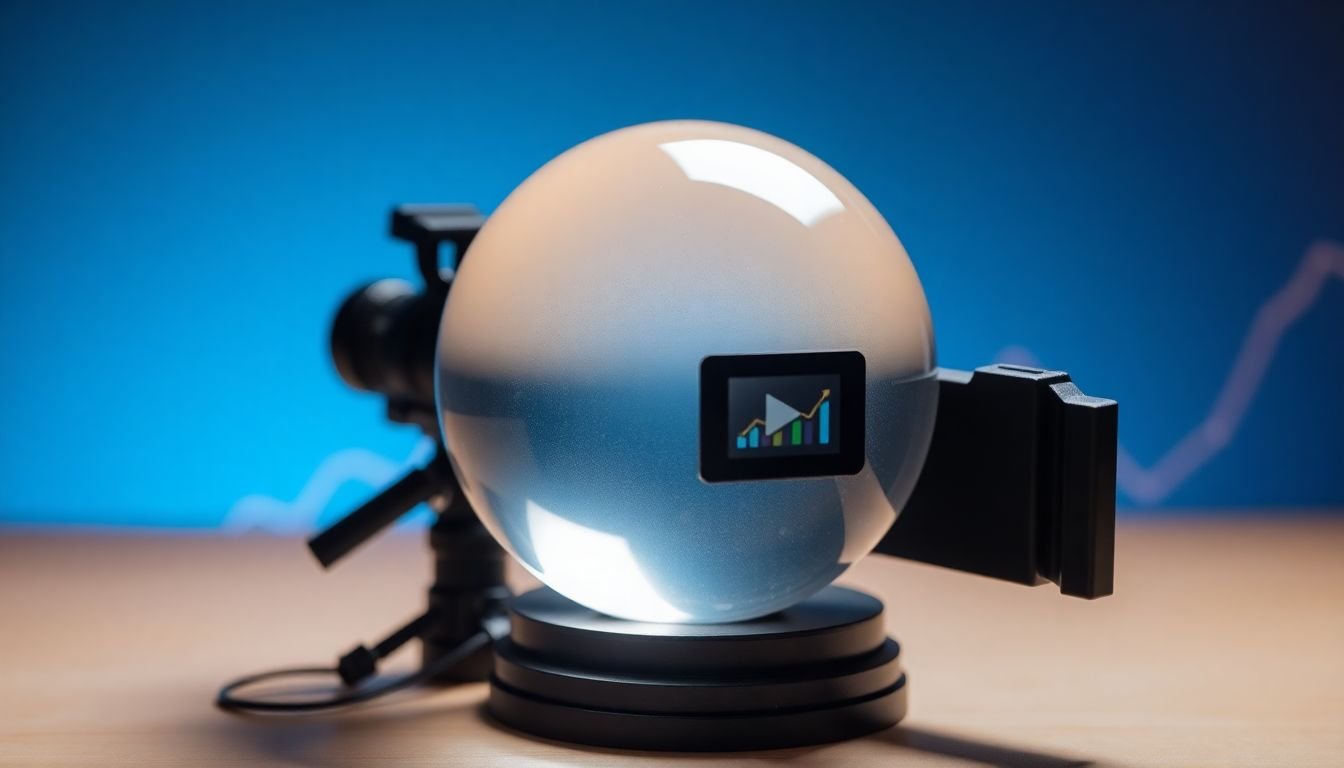 A crystal ball with a video camera and a graph showing future trends in video length.