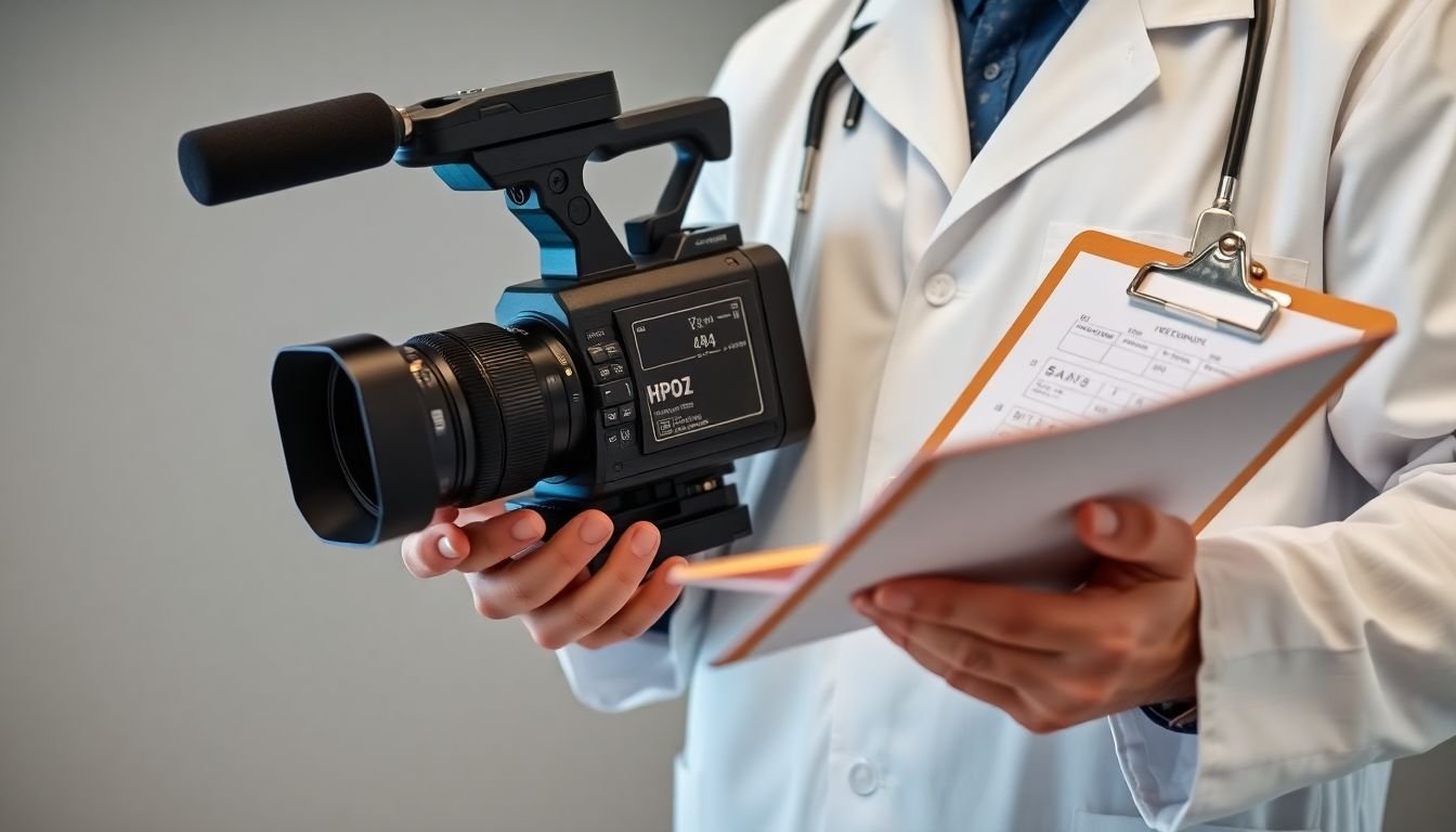 A scientist in a lab coat holding a video camera and a clipboard with data on it.