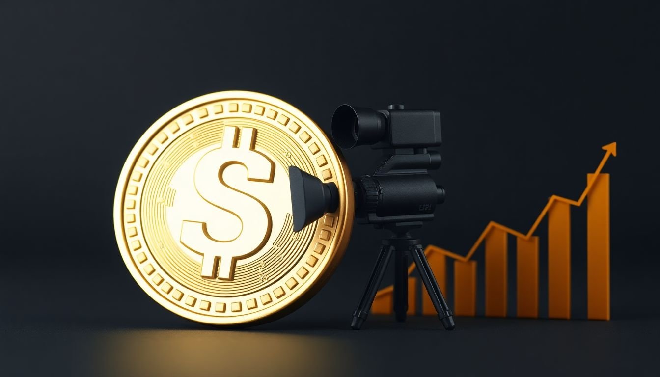 A coin or dollar sign with a video camera and a graph showing ad revenue.
