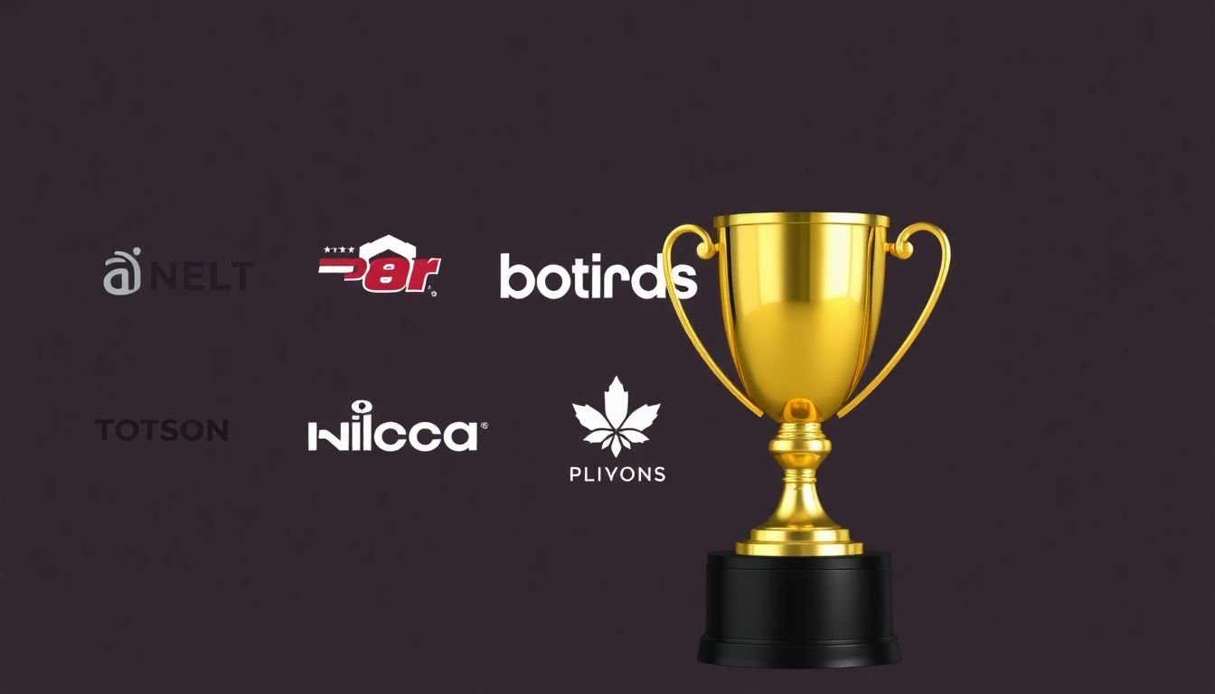 Logos of successful brands with a trophy or medal next to them, representing their achievements in video marketing.
