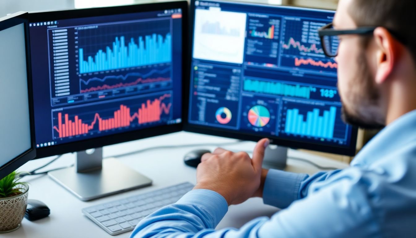 A person analyzing data on a computer screen, with graphs and charts visible.