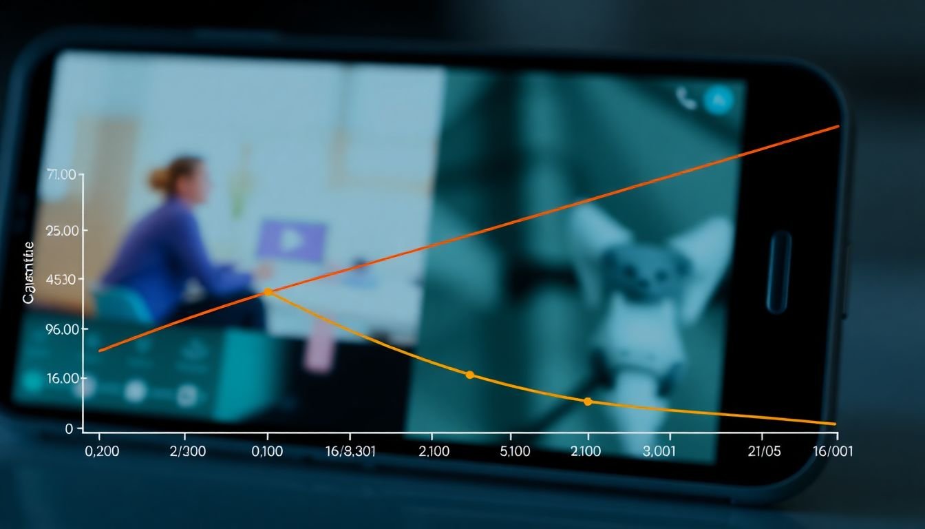 A graph showing viewer engagement over time, with different lines representing different video lengths, and a smartphone or computer screen in the background.