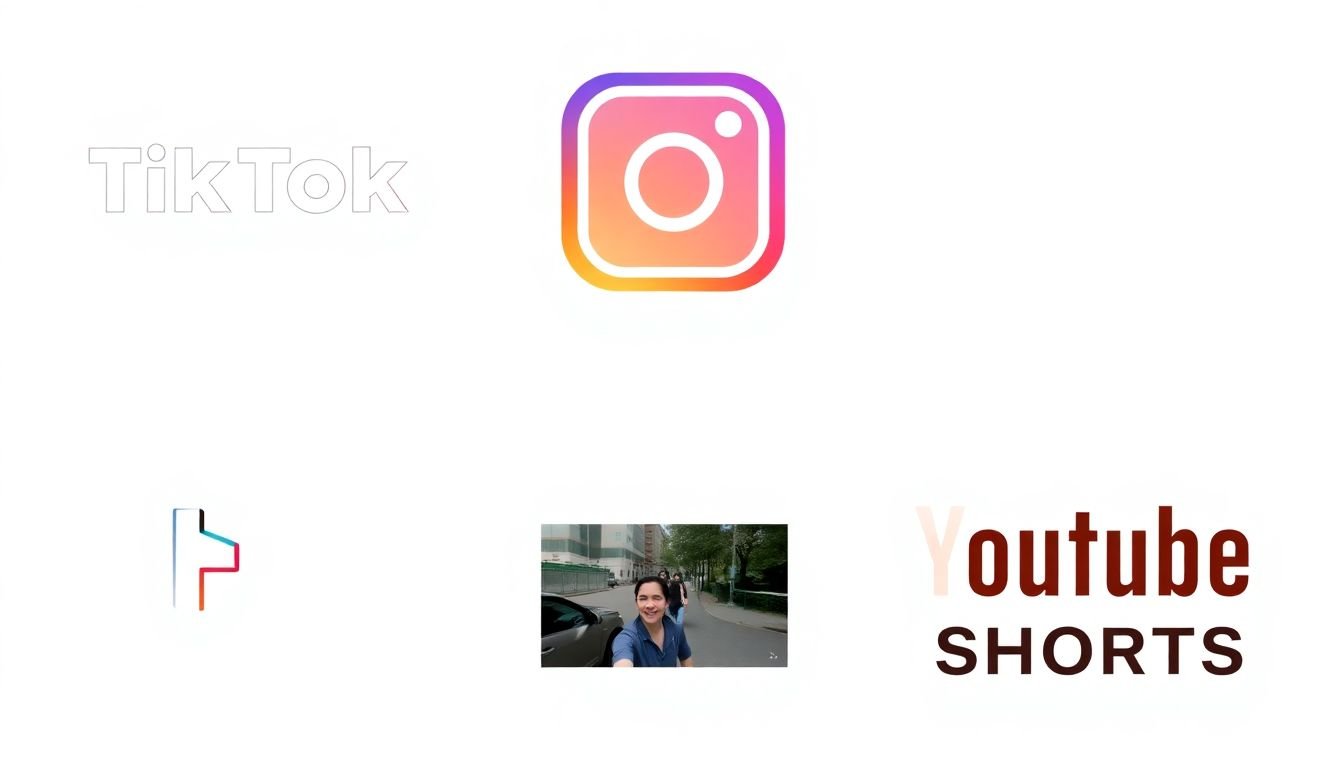 Logos of TikTok, Instagram, and YouTube Shorts, with a vertical video playing on each