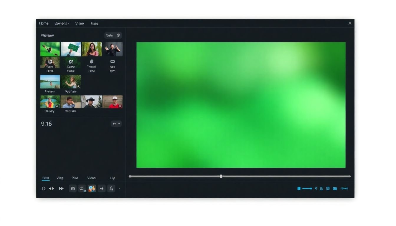 A screengrab of a vertical video editing software, with a 9:16 preview window and editing tools