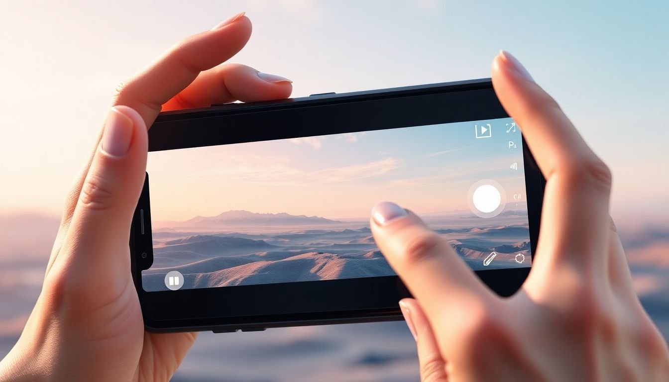 A futuristic concept art of a user interacting with an AR vertical video on their mobile device