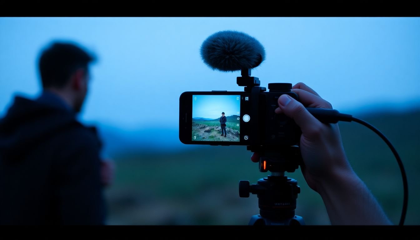 A videographer shooting a subject vertically using a mobile device, with a tripod and external microphone