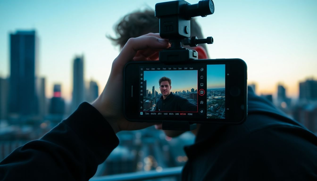 A dynamic, close-up shot of a videographer filming a subject in vertical format on a mobile device, with the cityscape in the background, symbolizing the shift towards mobile-first content.