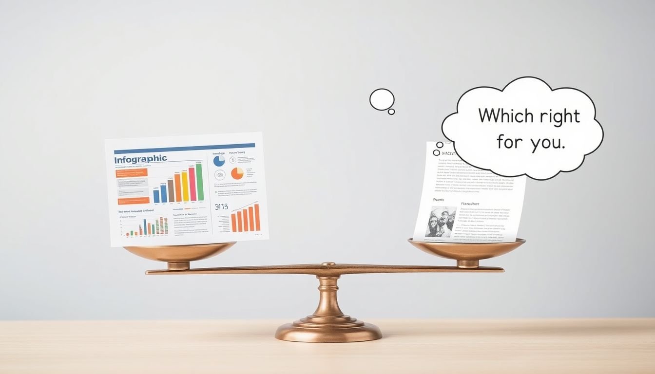 A scale with an infographic on one side and a blog post on the other, with a thought bubble asking 'Which is right for you?'