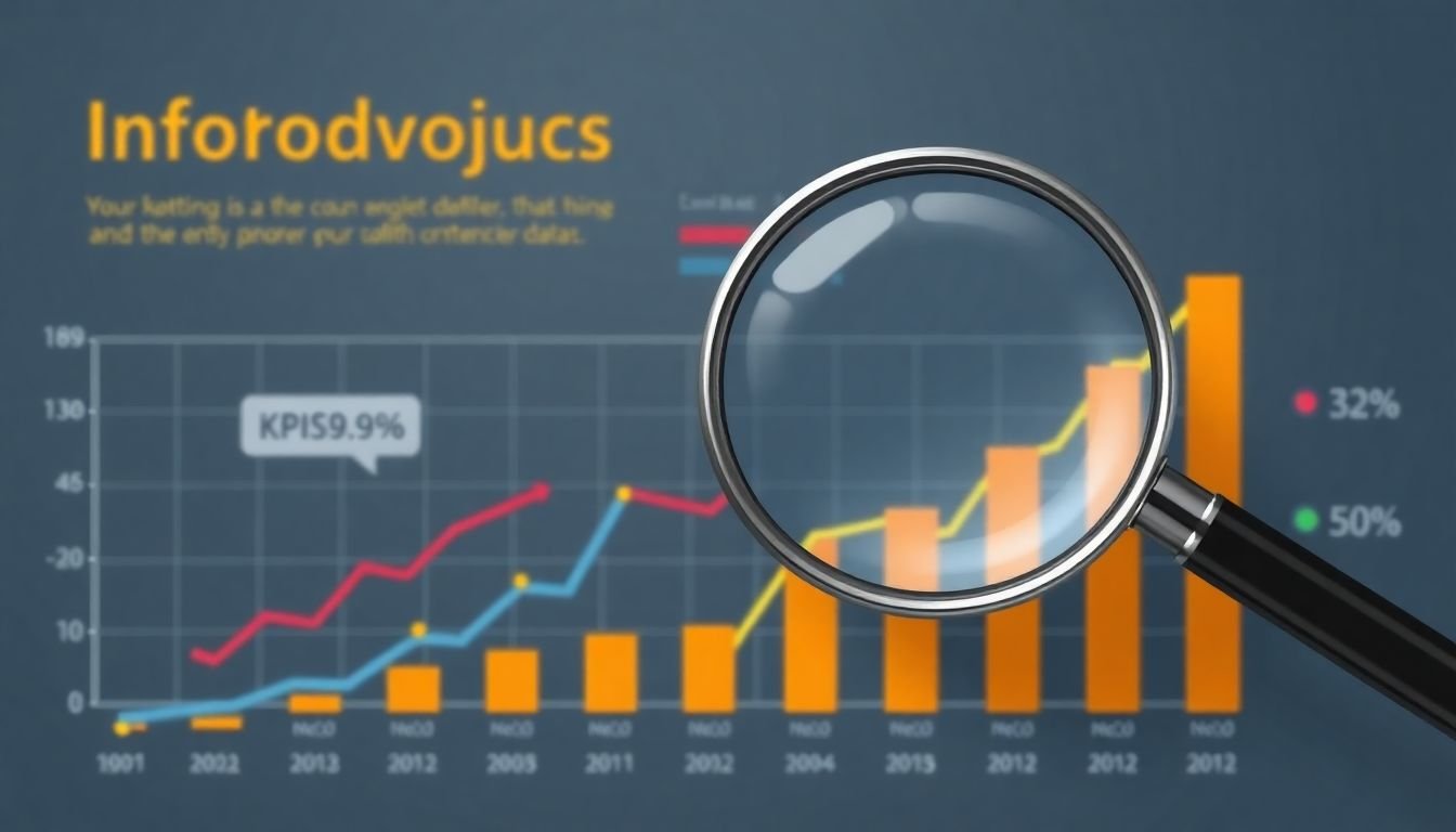 A graph showing the rise and fall of infographic KPIs, with a magnifying glass over the data.