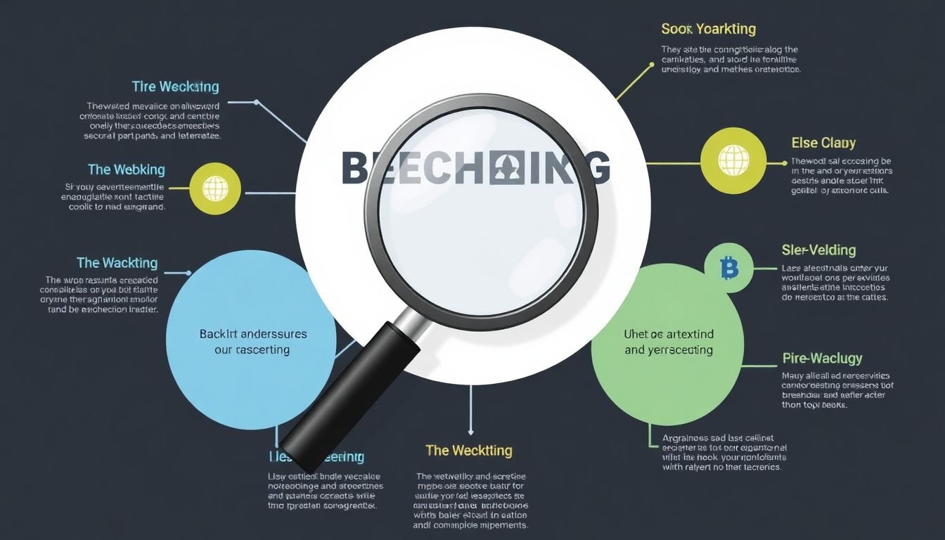 An infographic with a magnifying glass over it, surrounded by keywords and backlinks.