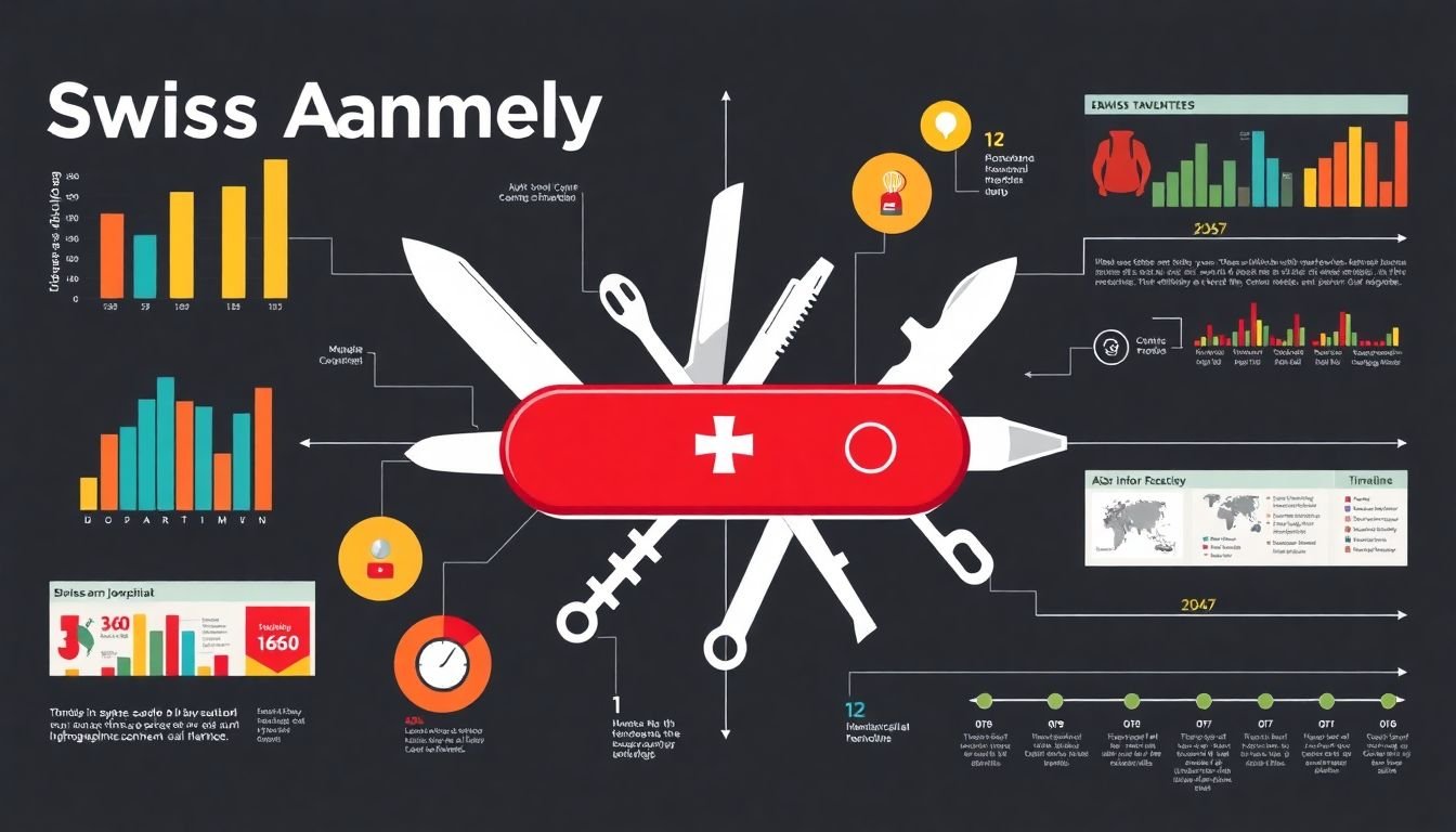 An infographic showcasing different types of infographics (like bar charts, flowcharts, and timelines) with a Swiss Army Knife as the central image.