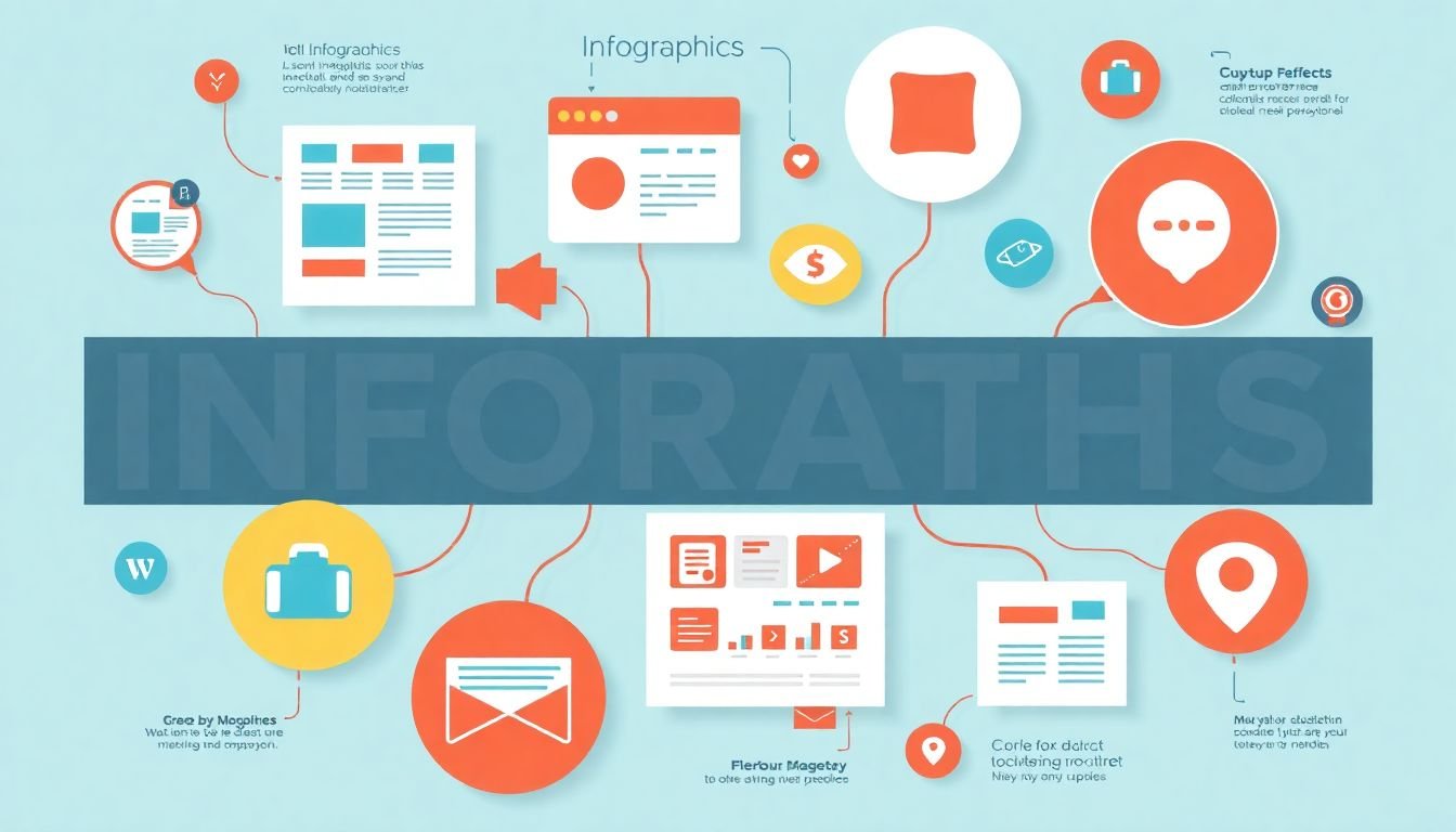 A dynamic infographic showcasing various content types, with infographics taking center stage, surrounded by other content types like blog posts, videos, and social media posts, all interconnected to represent a well-rounded marketing strategy.