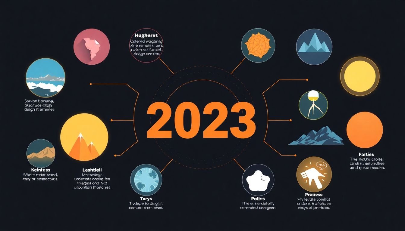A futuristic infographic showcasing various design trends and elements expected to dominate in 2023