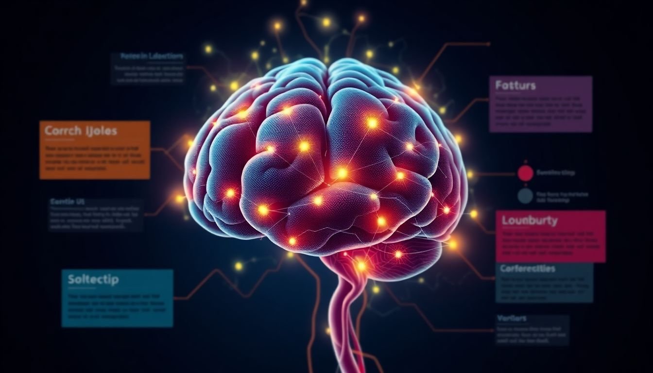 A brain with neural connections lighting up, surrounded by colorful, well-designed infographic elements