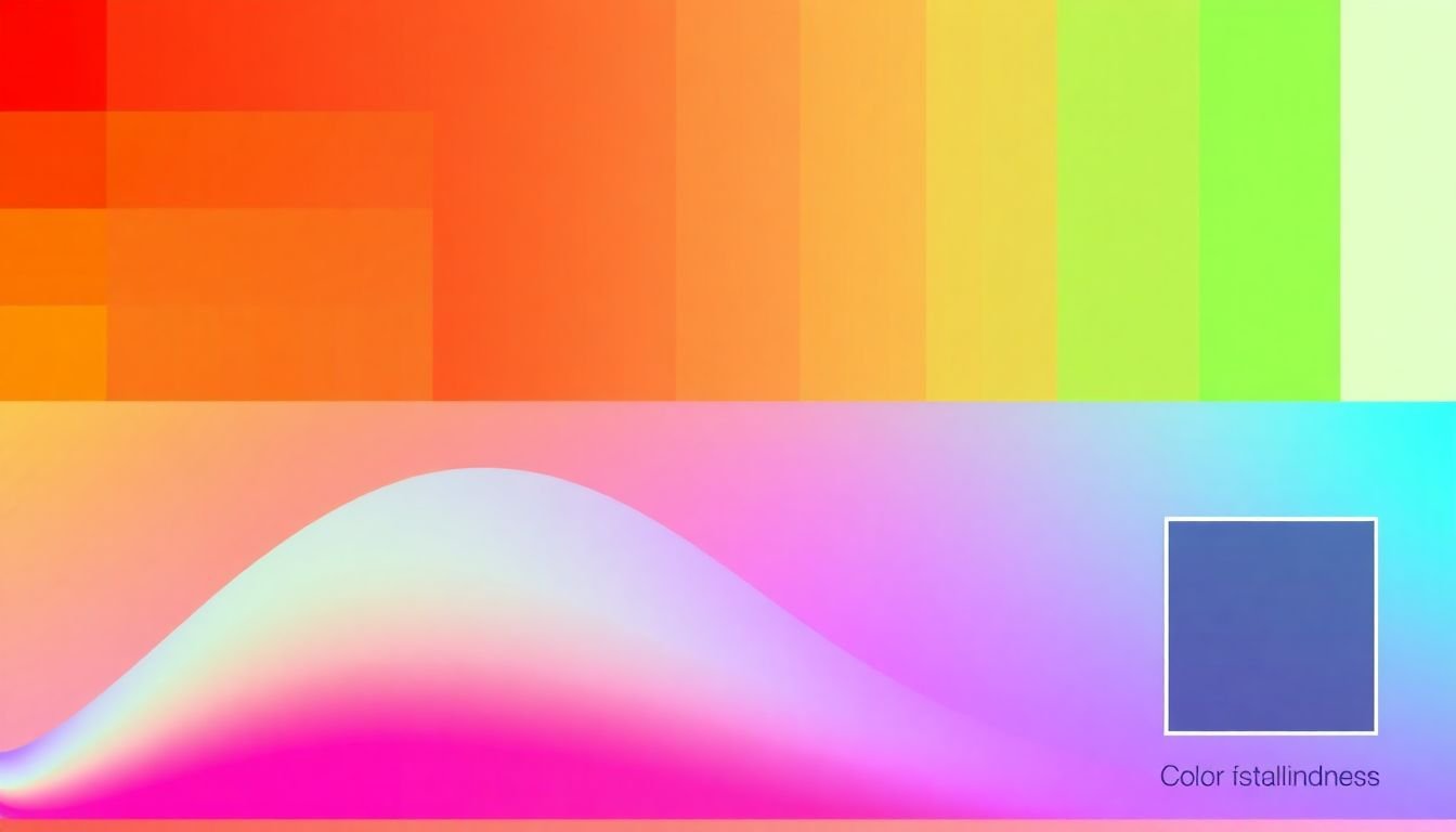 A color spectrum with contrasting colors highlighted, accompanied by a colorblindness simulation icon.