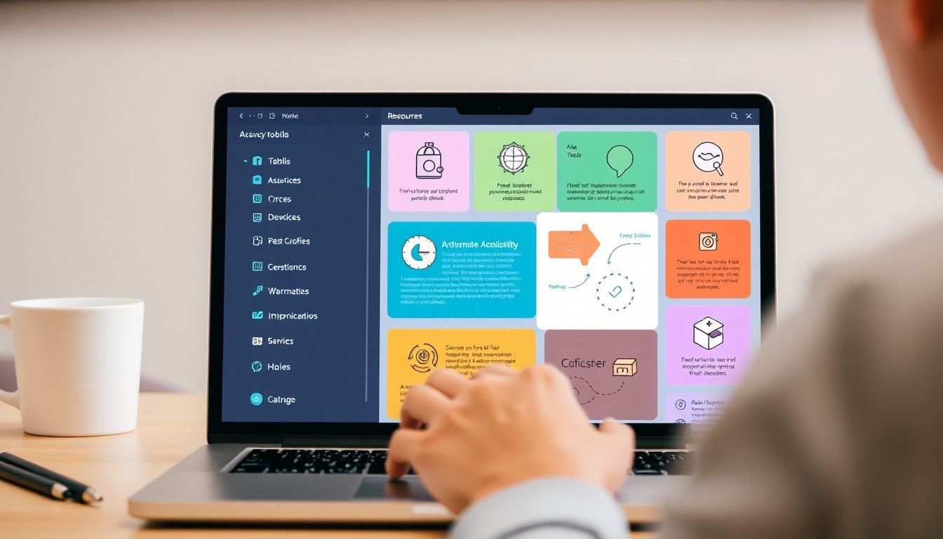 A laptop screen displaying a variety of accessibility tools and resources, with a designer using them to create an infographic.