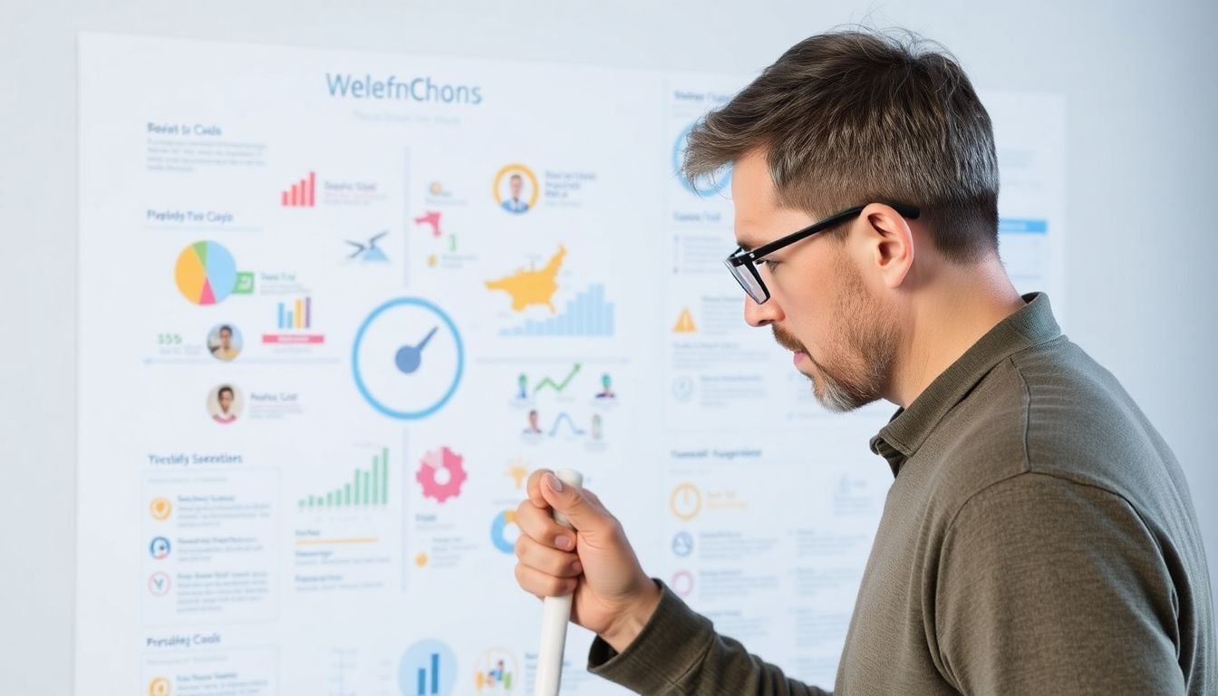 A person using a white cane navigating a visually complex infographic, struggling to understand the content.