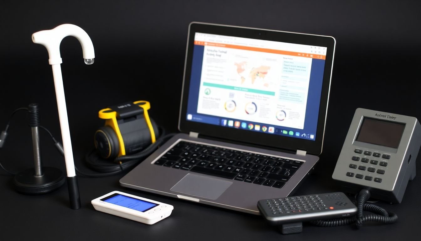 A variety of assistive devices, including a white cane, hearing aids, a braille display, and a screen reader, arranged around a laptop displaying an infographic.