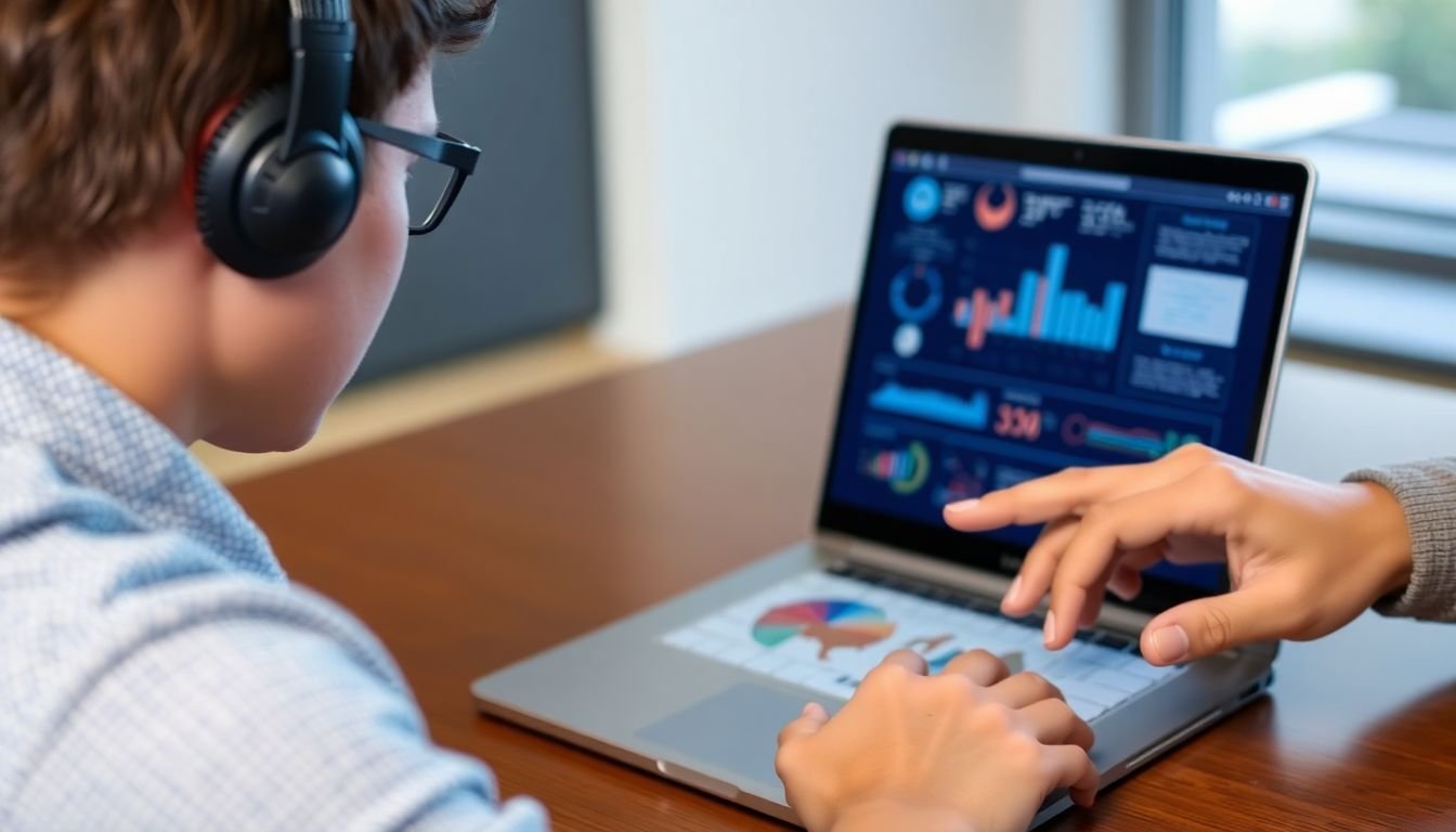A person using a laptop with a headset, listening to an audio description of an infographic, while another person traces a tactile graphic with their fingers.