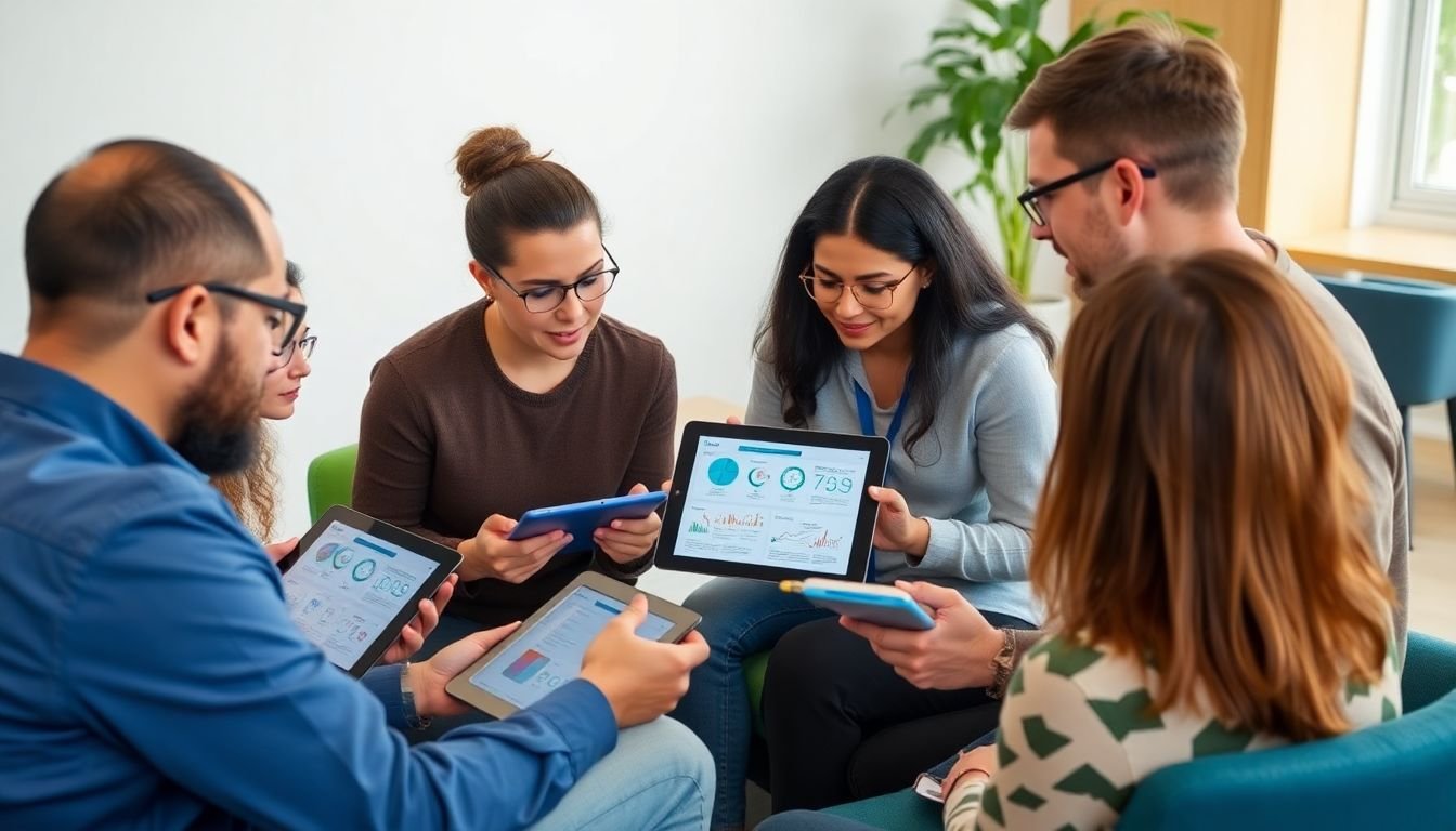 A focus group of diverse users testing an infographic on tablets, providing feedback to a designer taking notes.
