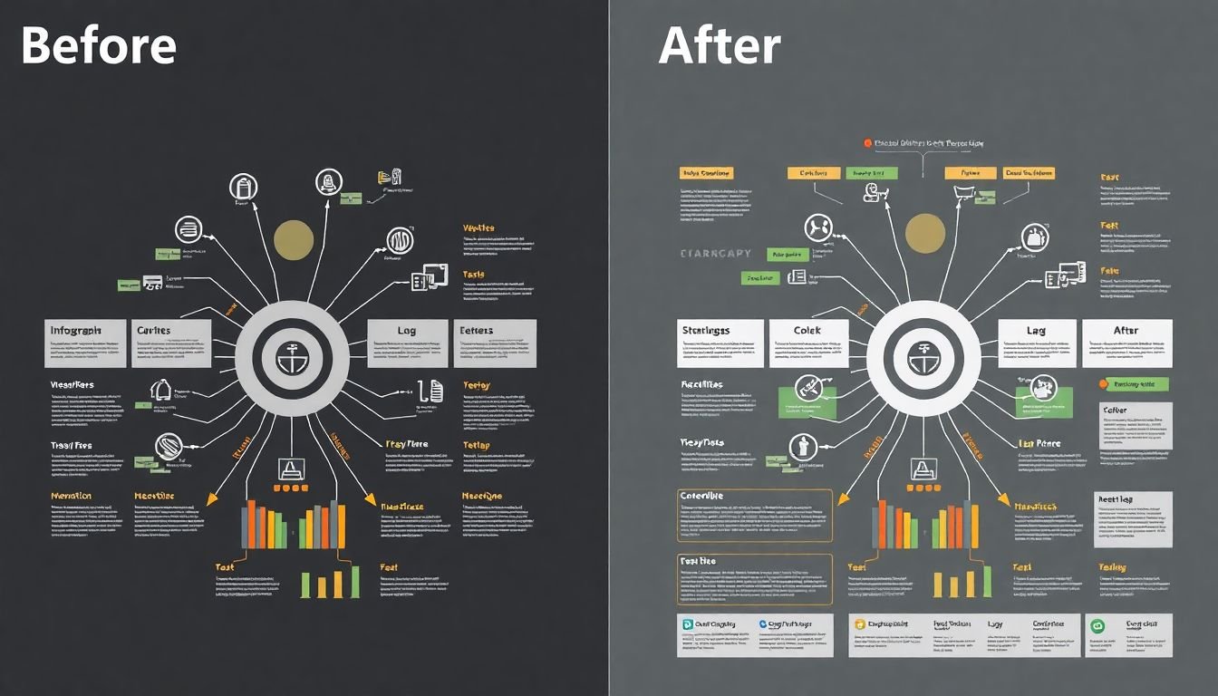 A before-and-after comparison of an infographic, showing a complex, disorganized layout transformed into a clean, well-structured design.